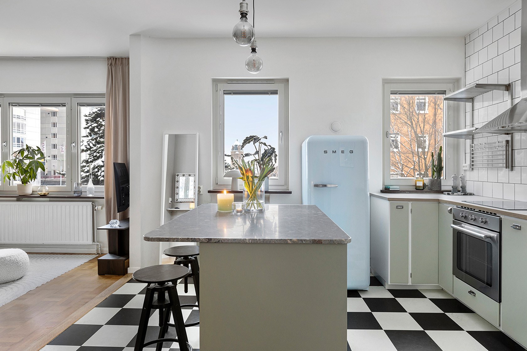 cuisine sol à damier studio 35m2