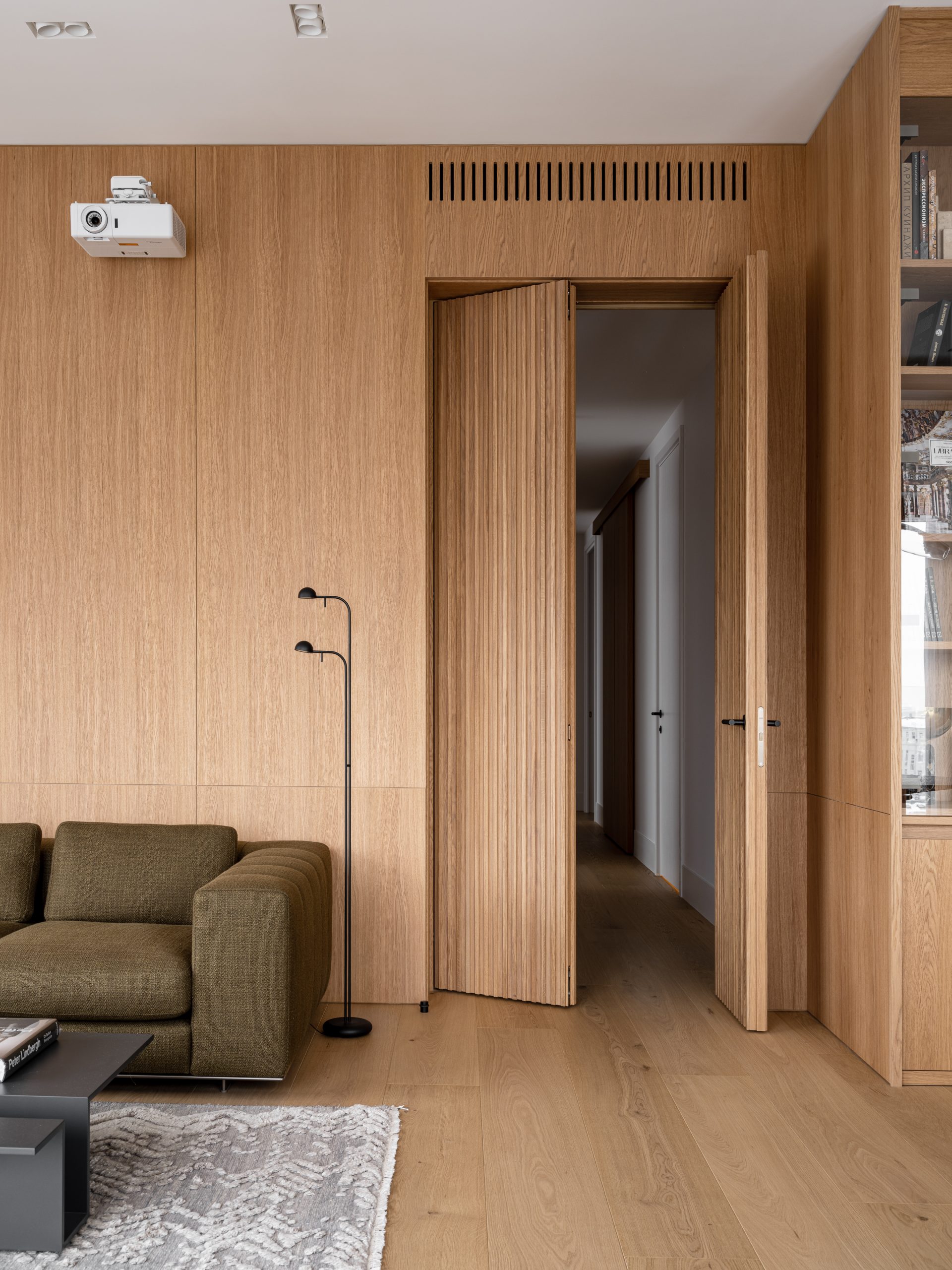 salon avec mur panneaux de bois