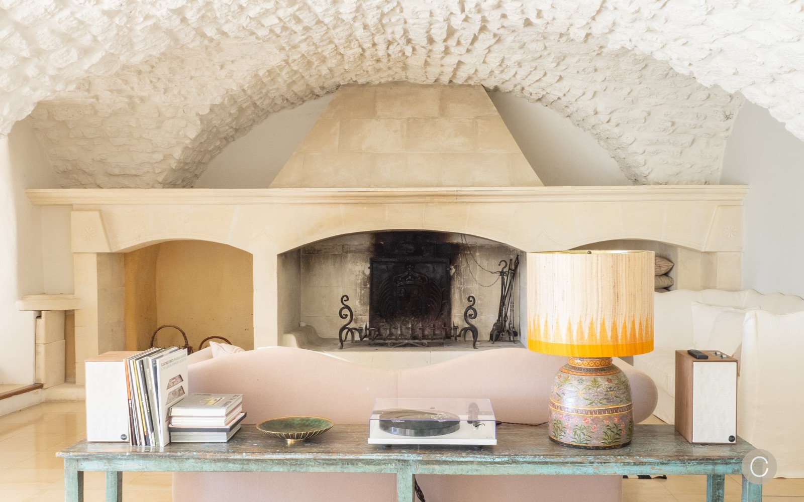 salon avec cheminée plafond voûté