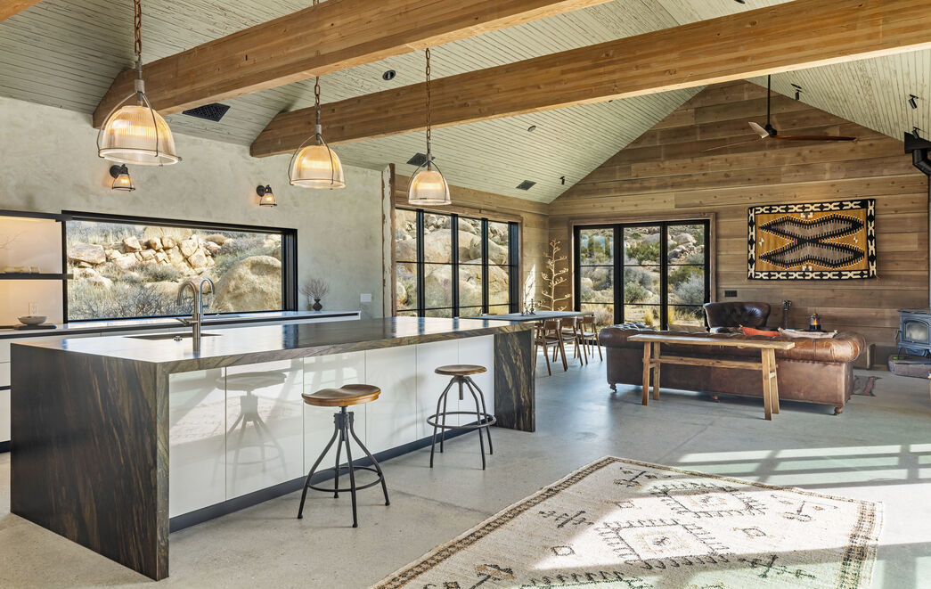 salon avec cuisine ouverte maison en bois