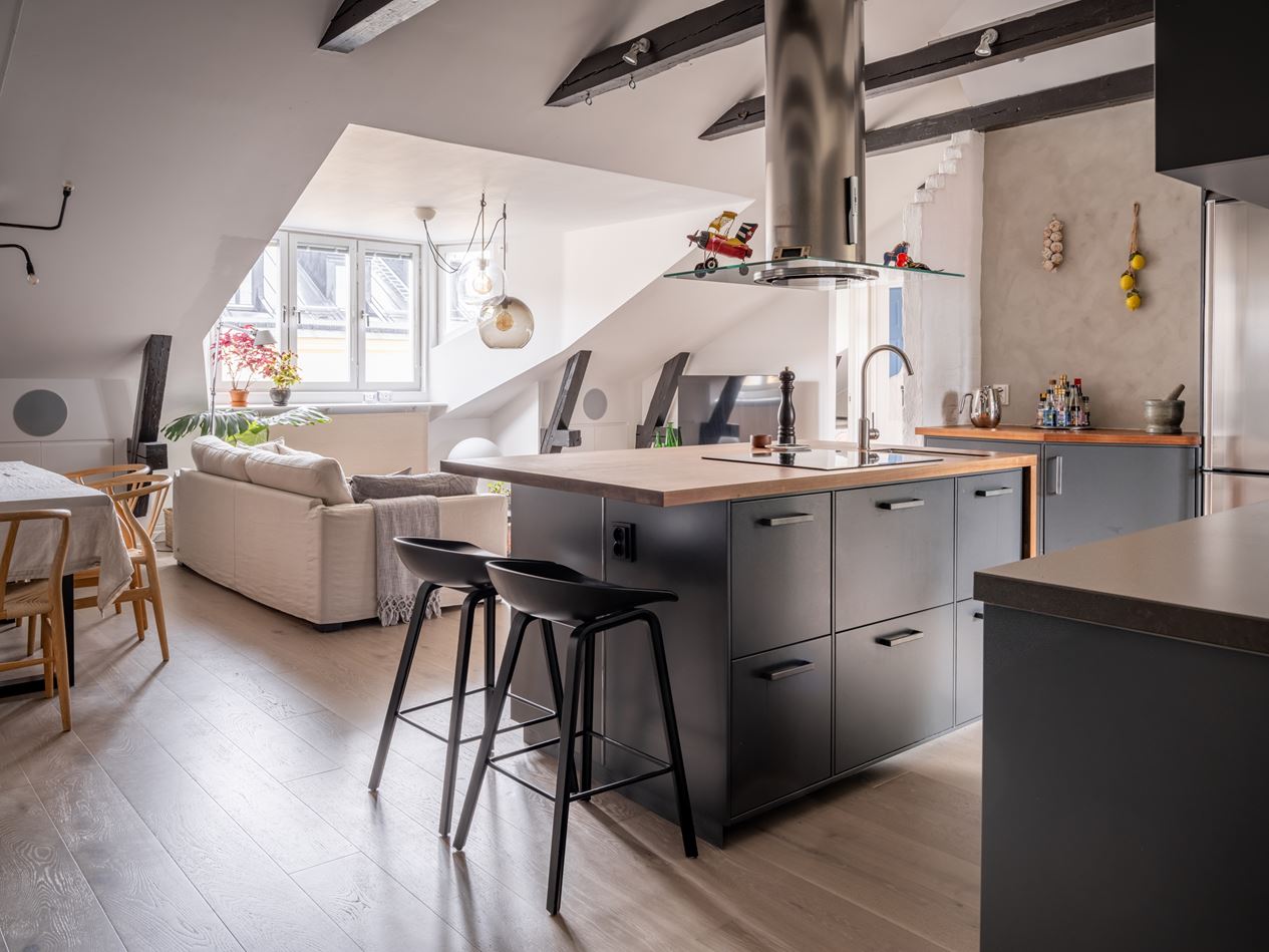 salon avec cuisine ouverte appartement sous combles avec poutres décoration scandinave