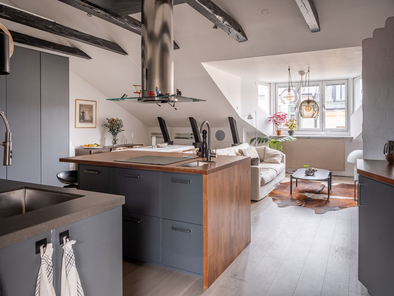 salon avec cuisine ouverte appartement sous combles avec poutres décoration scandinave