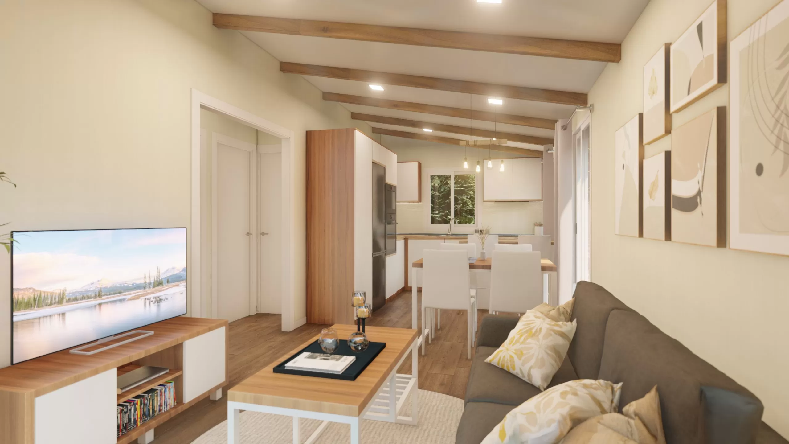 salon avec cuisine ouverte petite maison 53m2