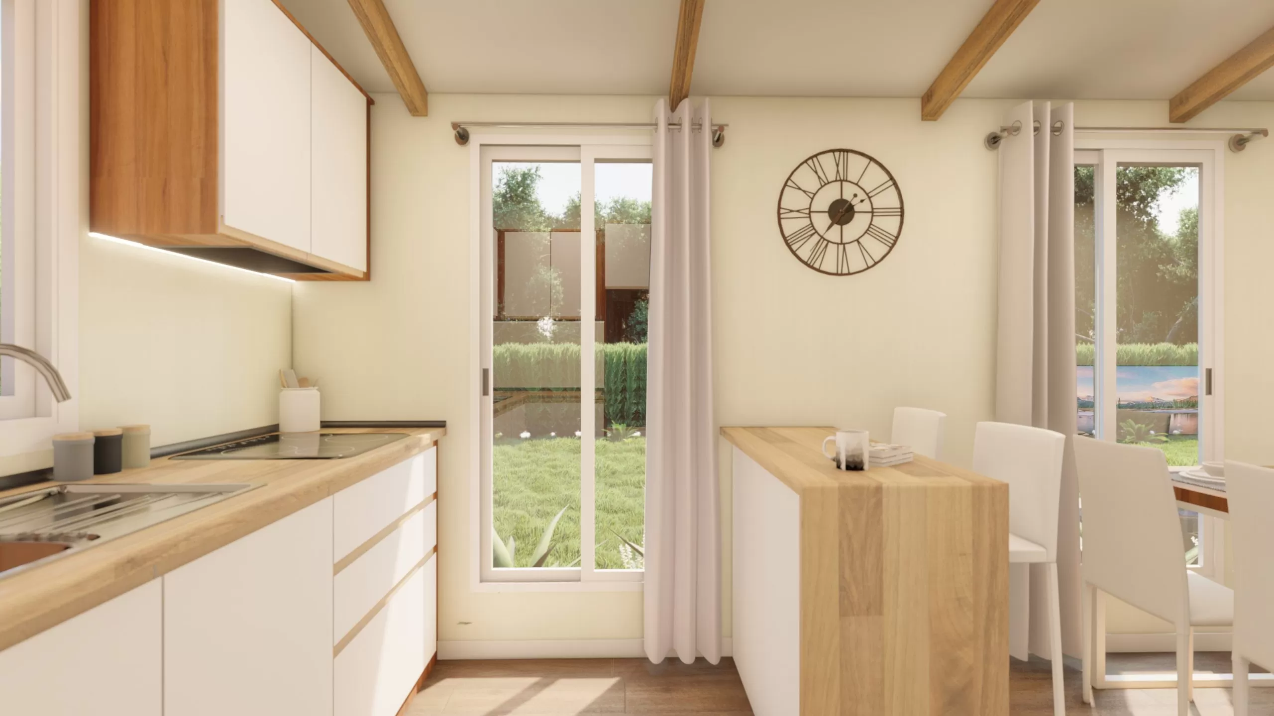 cuisine ouverte blanche et bois petite maison 53m2