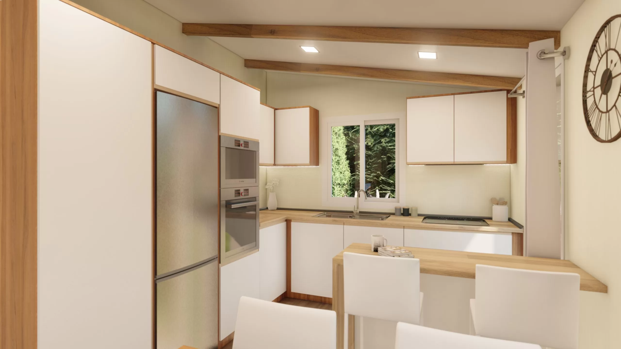 cuisine ouverte blanche et bois 