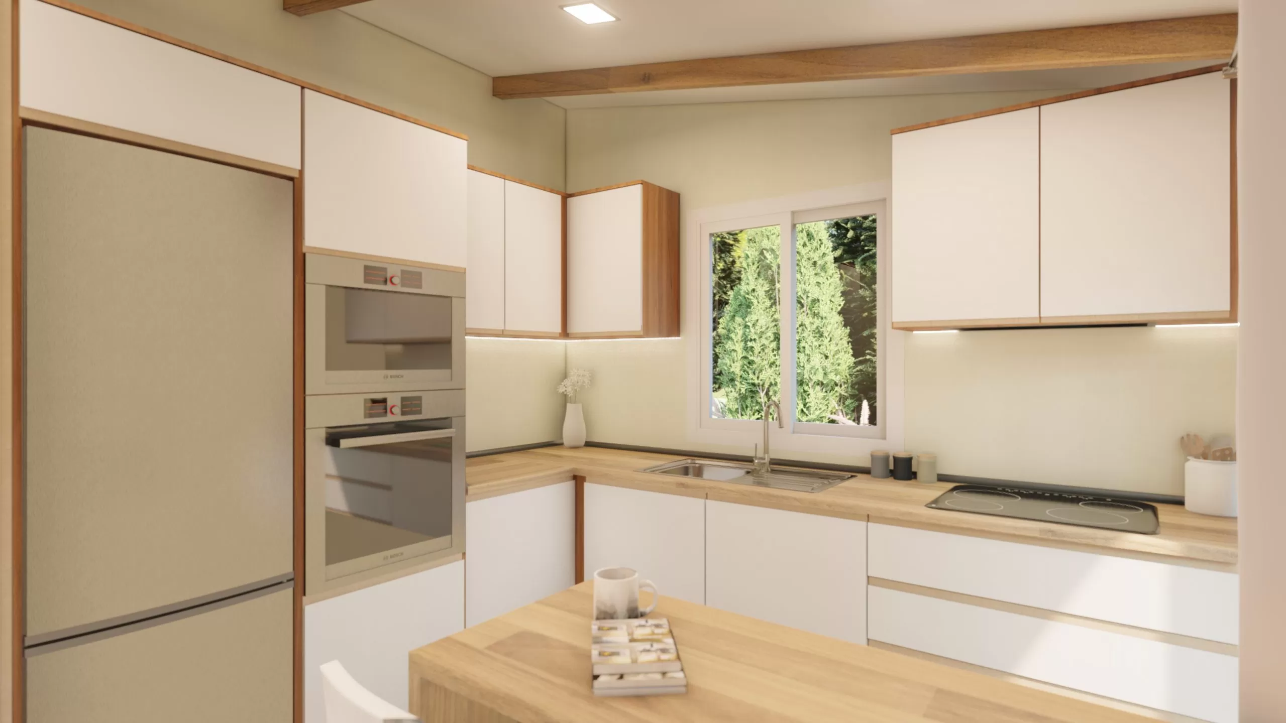 cuisine ouverte blanche et bois petite maison 53m2