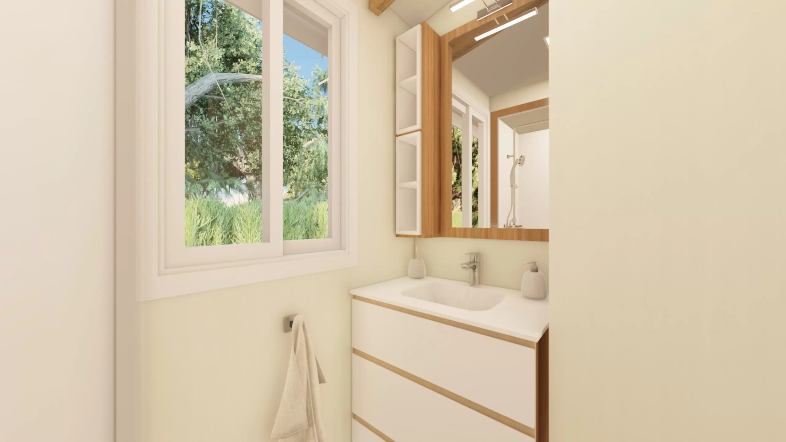 salle de bain design blanche et bois