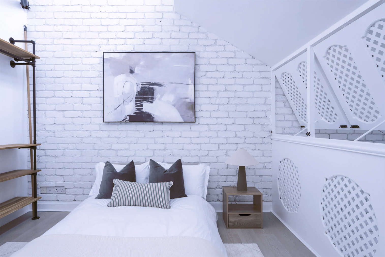 chambre loft Londres murs briques blanches chambre loft Londres murs briques blanches