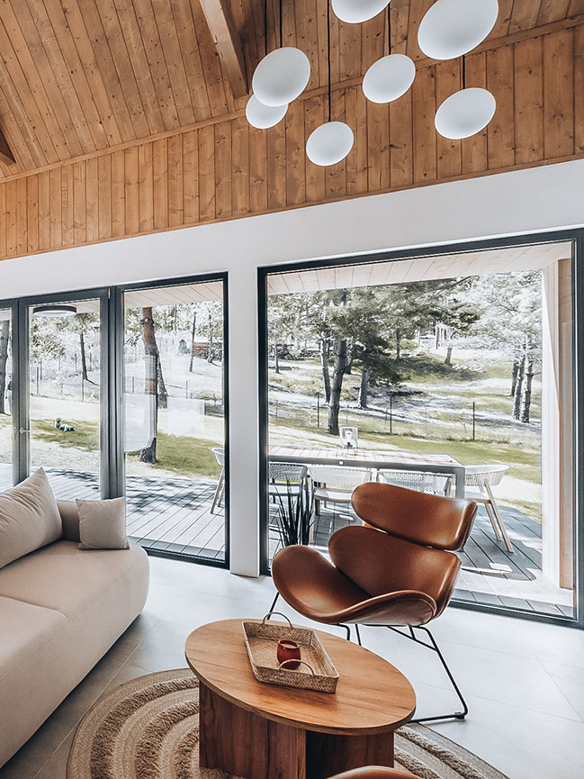 salon décoration design avec baies vitrées maison en bois