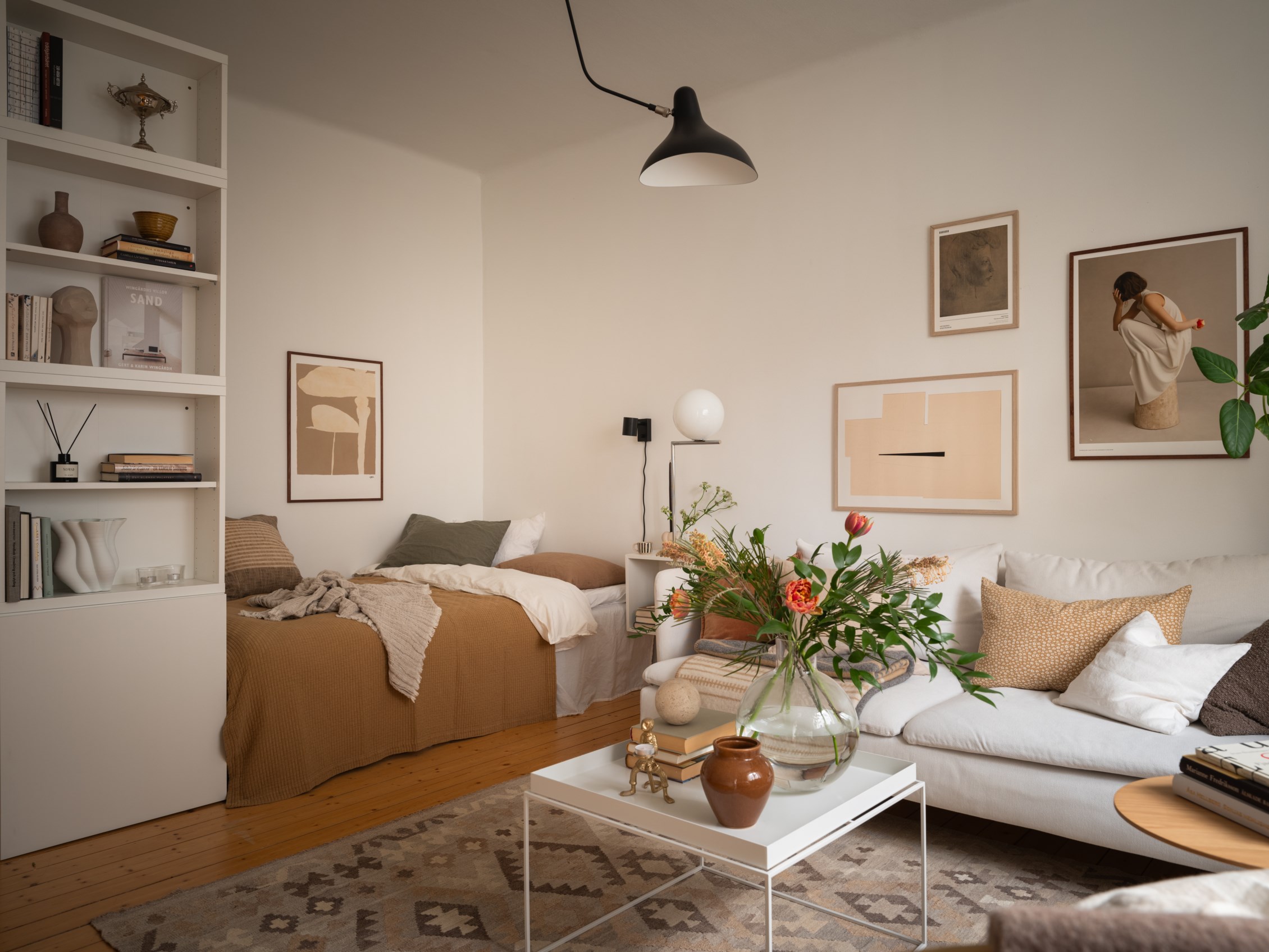 salon avec lit studio 37m2 décoration scandinave