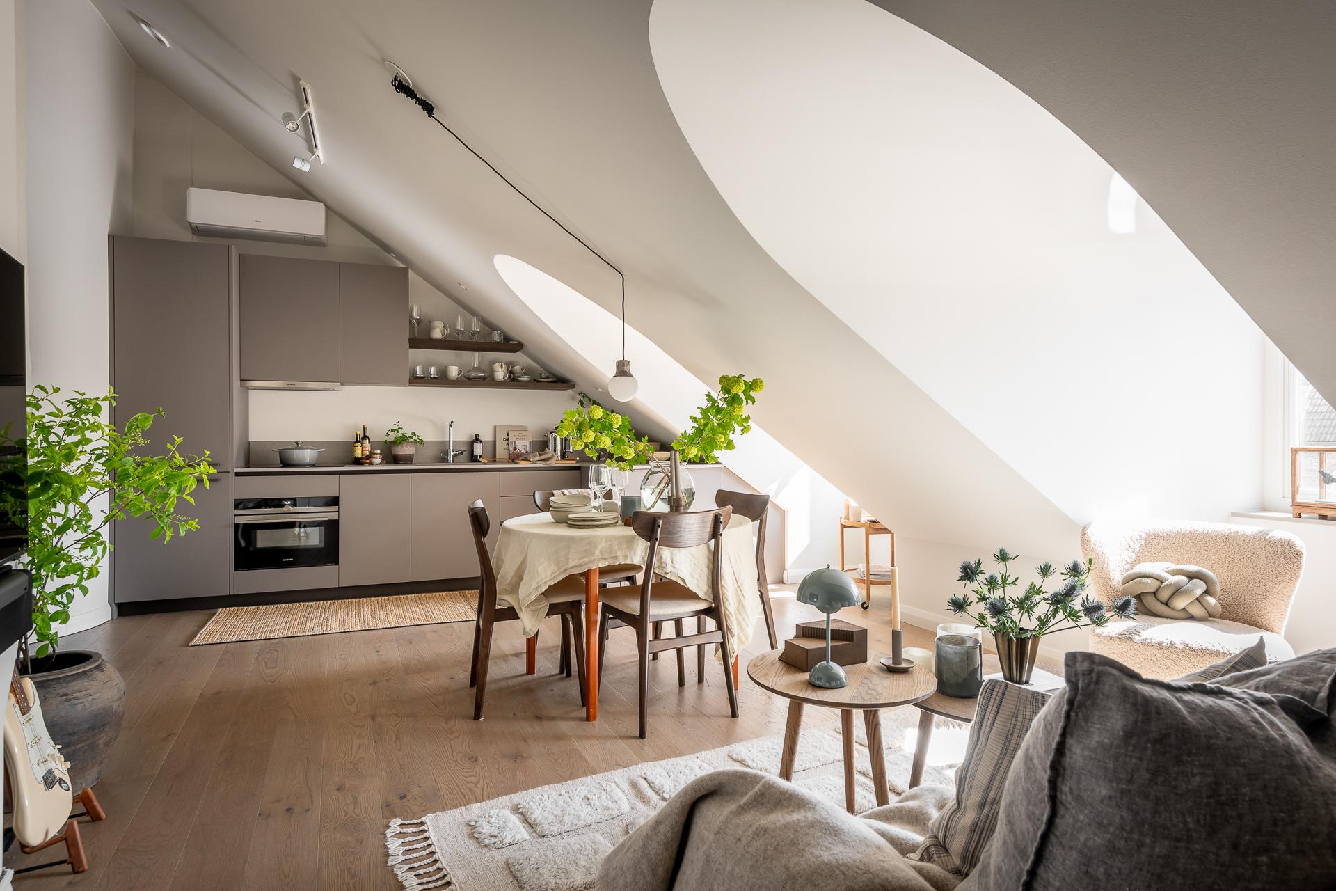 salon avec cuisine ouverte appartement 34m2 mansardé