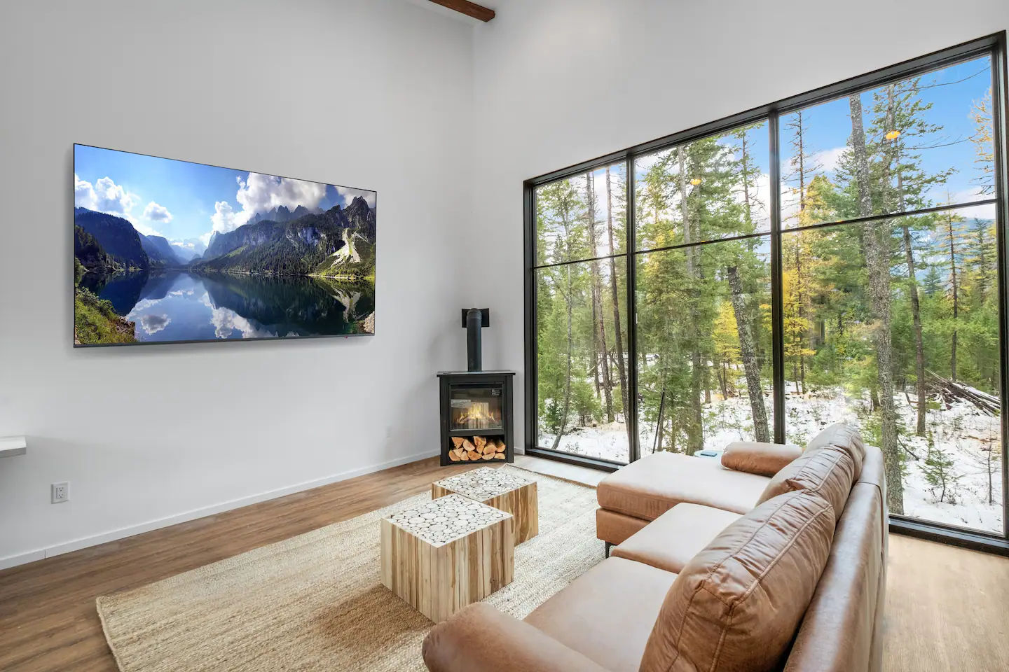 salon avec baie vitrée maison en bois contemporaine