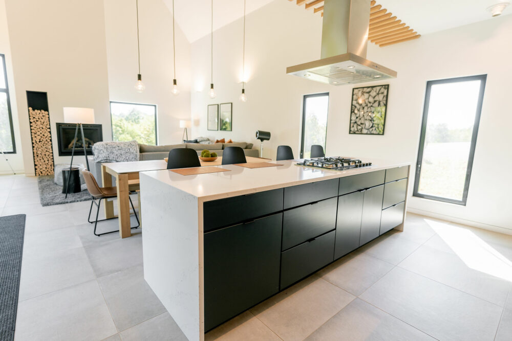 salon double hauteur avec cuisine ouverte maison en bois Villa Prairie