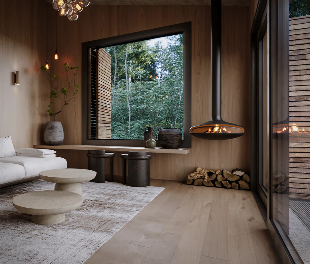 salon avec cheminée petite maison de 30m2 en bois Yruma