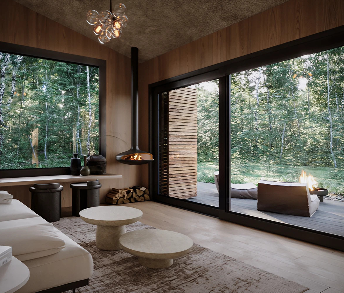 salon avec baies vitrées petite maison de 30m2 en bois Yruma
