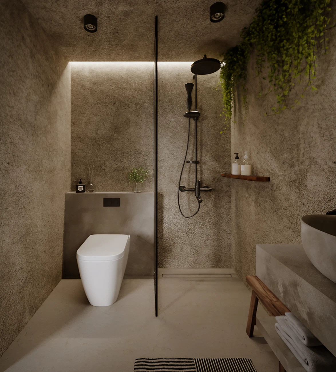 salle de bain bois et béton 
