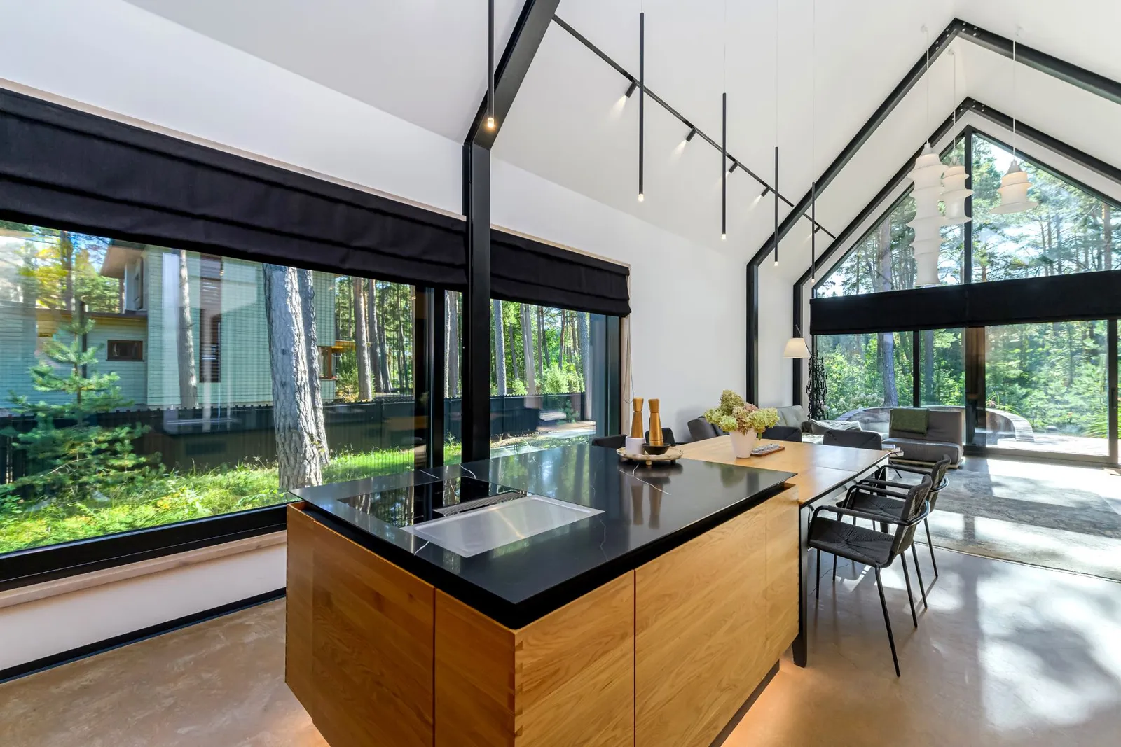salon avec cuisine ouverte maison contemporaine en bois