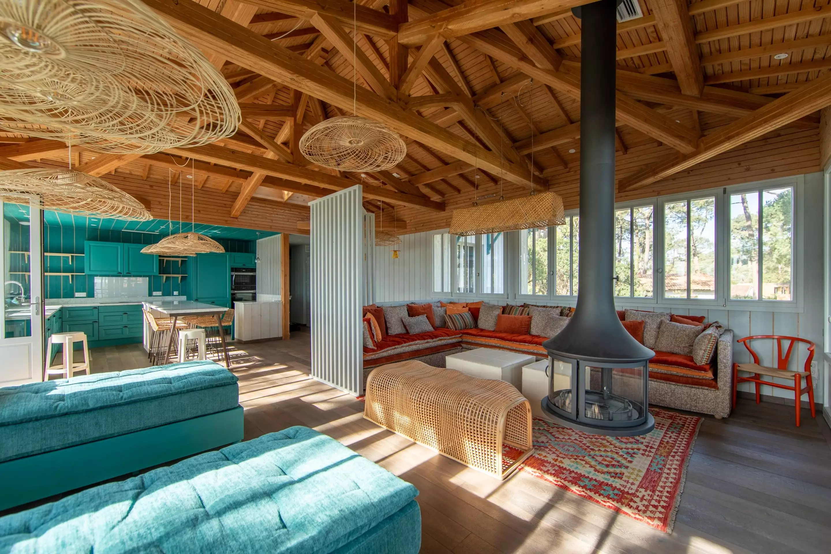 salon et cuisine maison en bois le Cap Ferret villa Persan