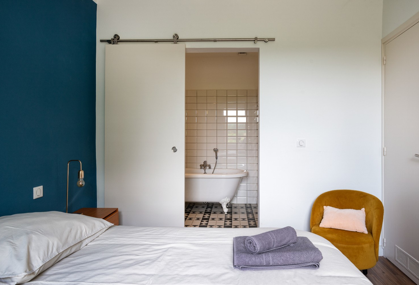 chambre mur bleu avec salle de bain 