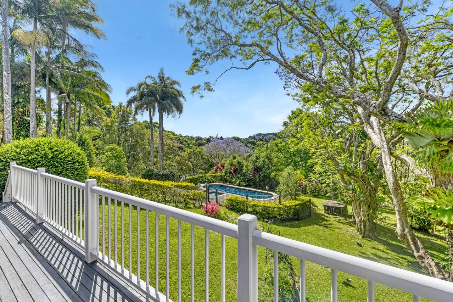 jardin avec piscine maison rose en Australie