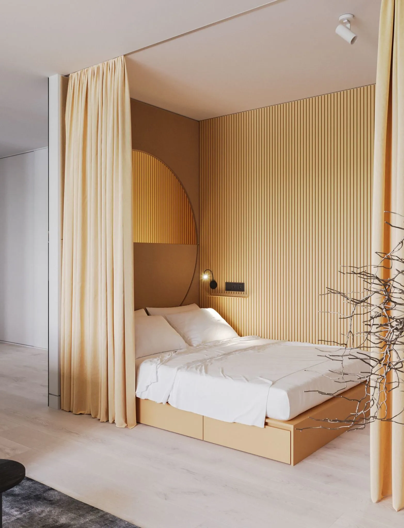 chambre décoration design dans alcôve derrière un rideau