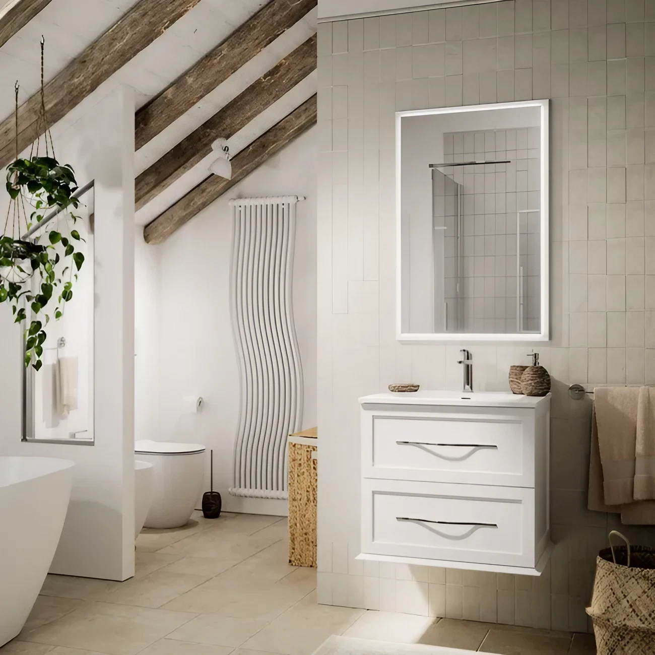 salle de bain design mansardée avec poutres