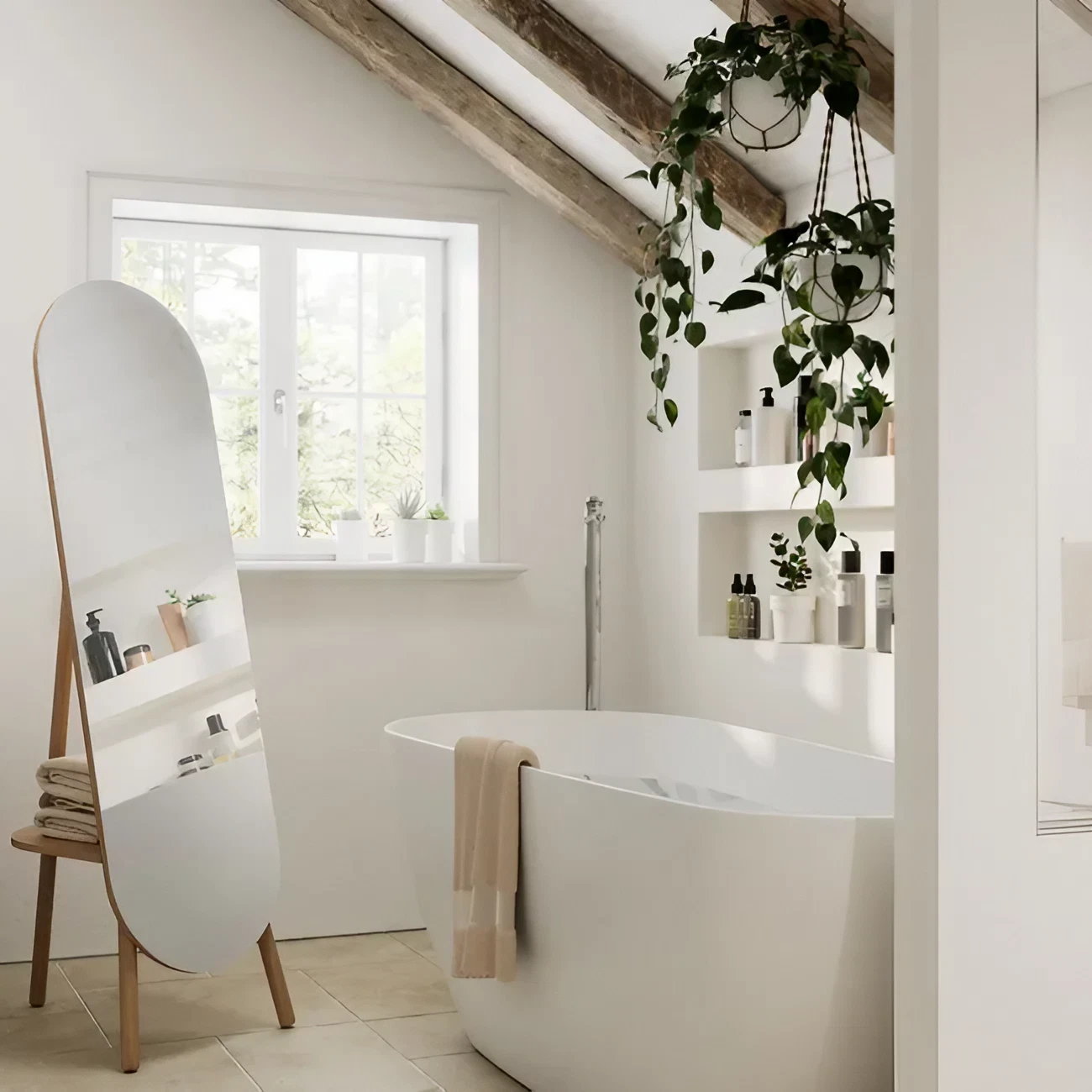 salle de bain design mansardée avec poutres