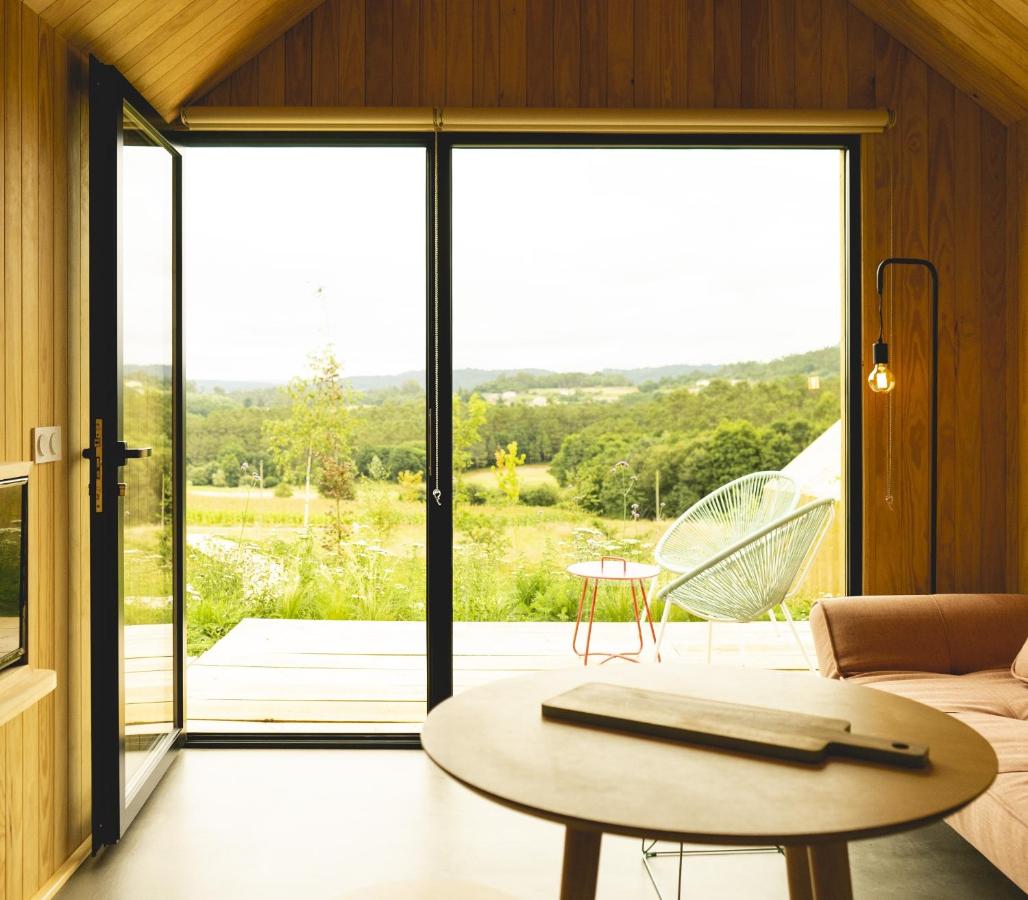 salon avec baie vitrée petite maison en bois