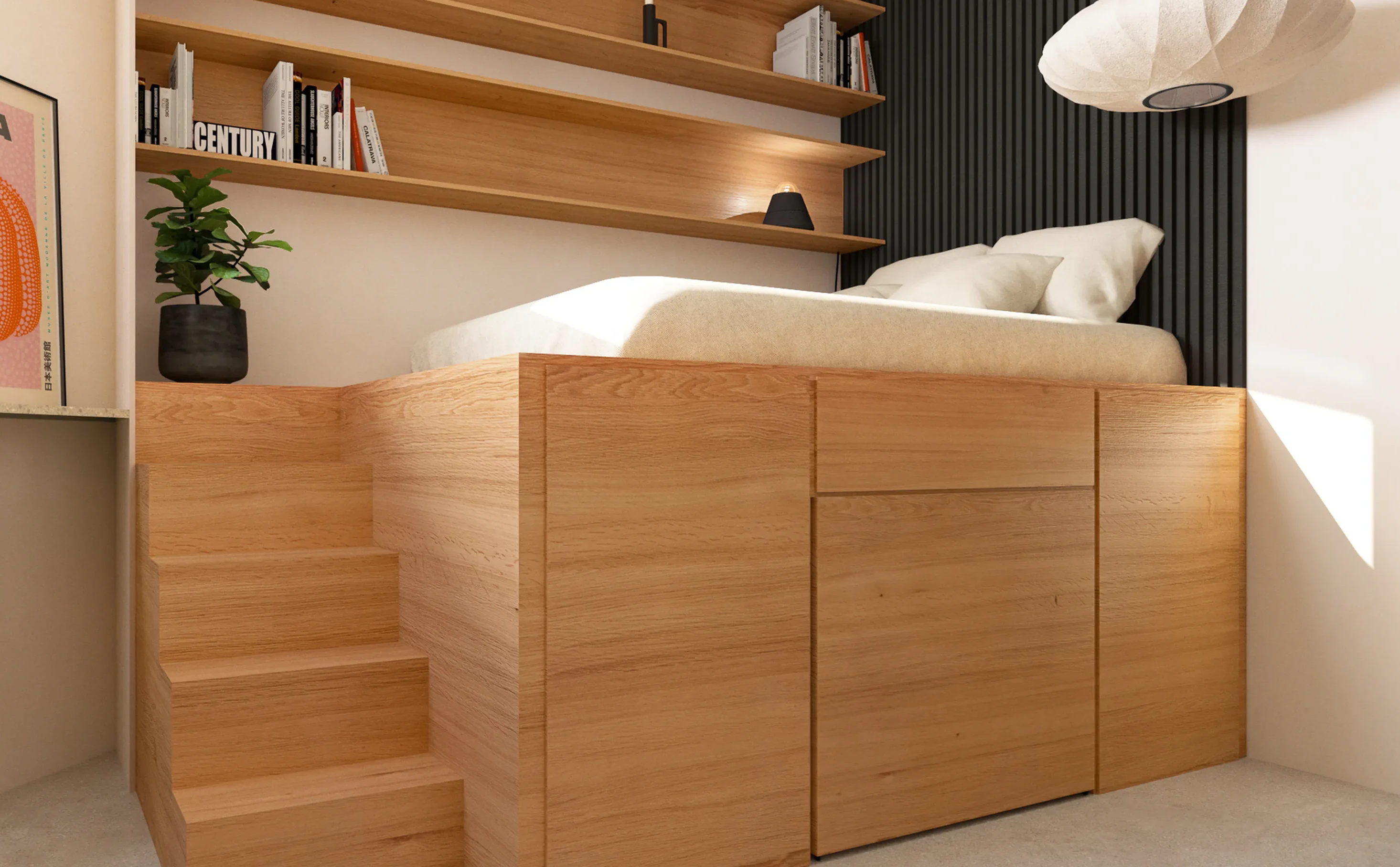 lit sur podium studio 13m2 Paris par Nooks+Crannies Studio lit sur podium studio 13m2 Paris par Nooks+Crannies Studio