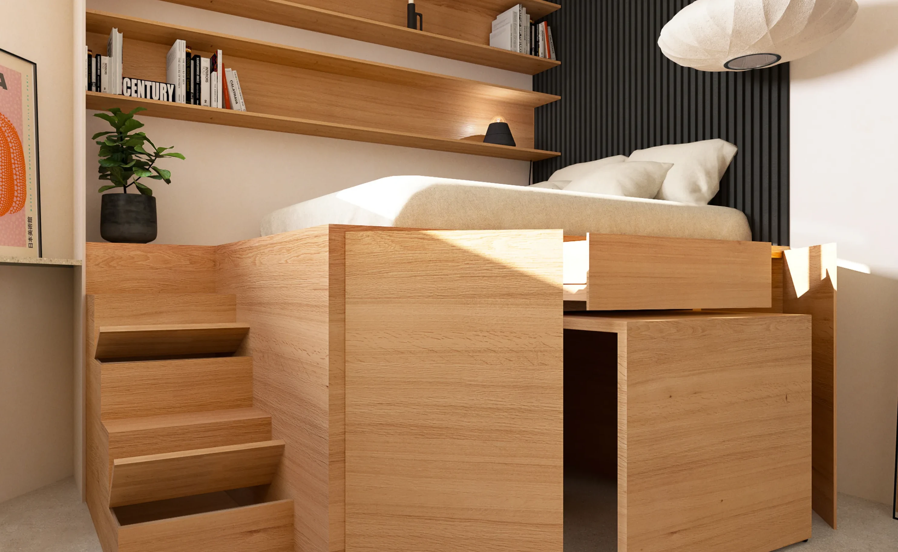 lit sur podium avec table coulissante studio 13m2 Paris par Nooks+Crannies Studio lit sur podium avec table coulissante studio 13m2 Paris par Nooks+Crannies Studio