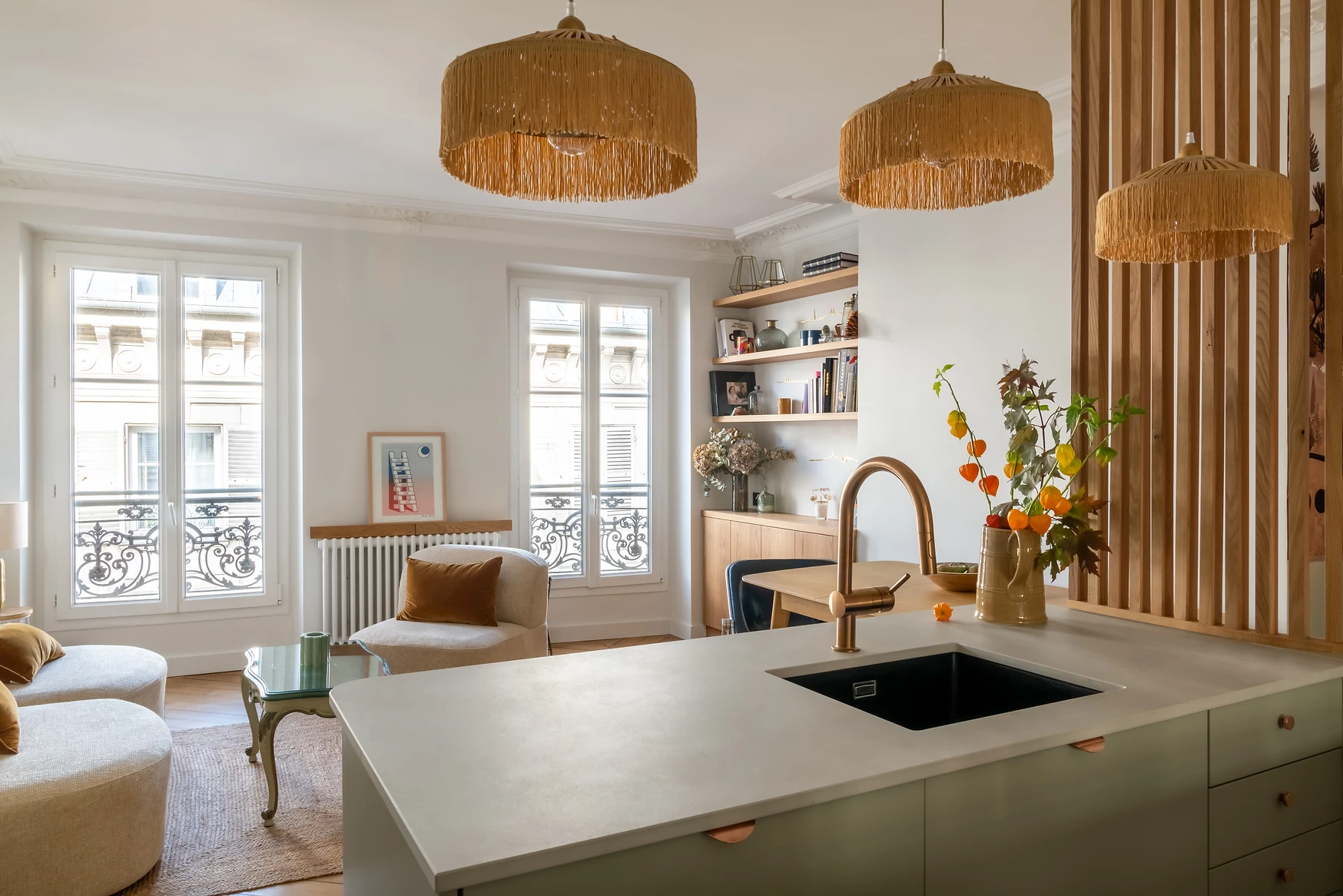 cuisine et salon appartement Paris 60m2