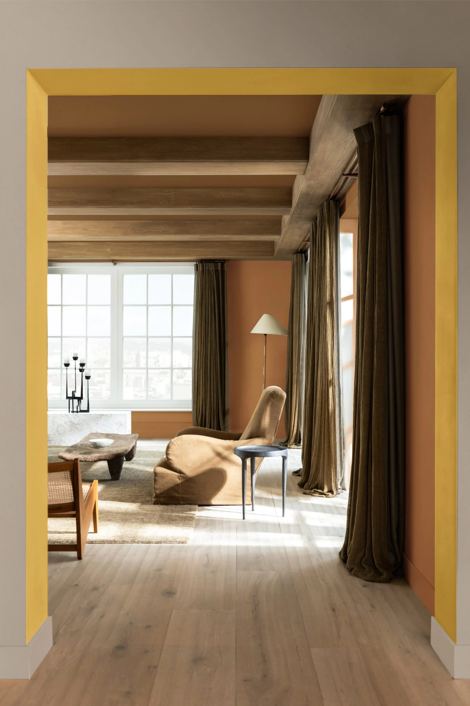 salon avec porte encadrement jaune