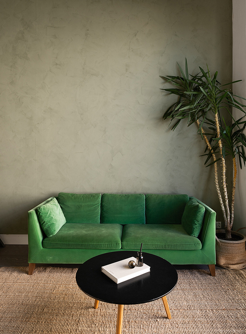 salon avec canapé vert en velours