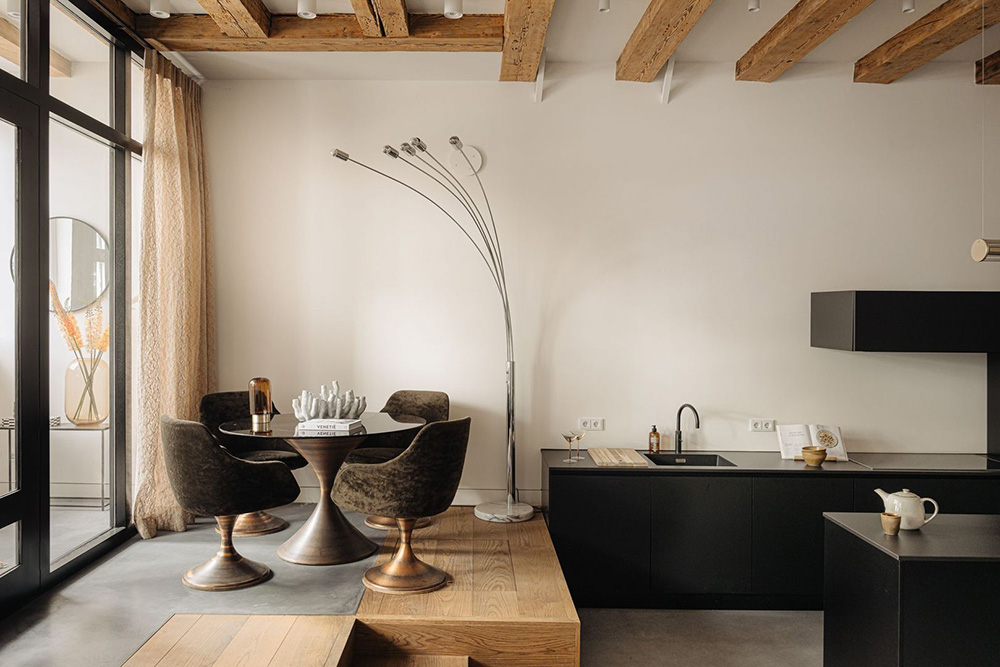 cuisine ouverte et salle à manger appartement rénové 155m2 décoration contemporaine