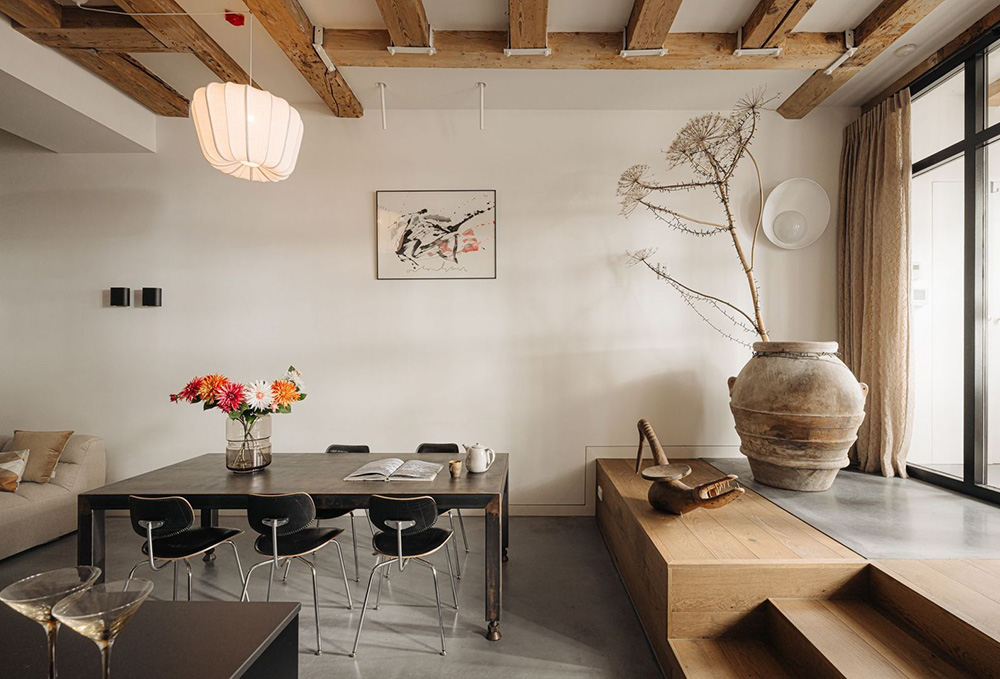 cuisine ouverte et salle à manger appartement rénové 155m2 décoration contemporaine