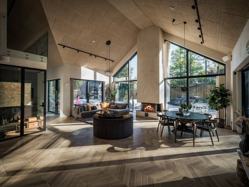 salon avec cheminée et baies vitrées décoration scandinave