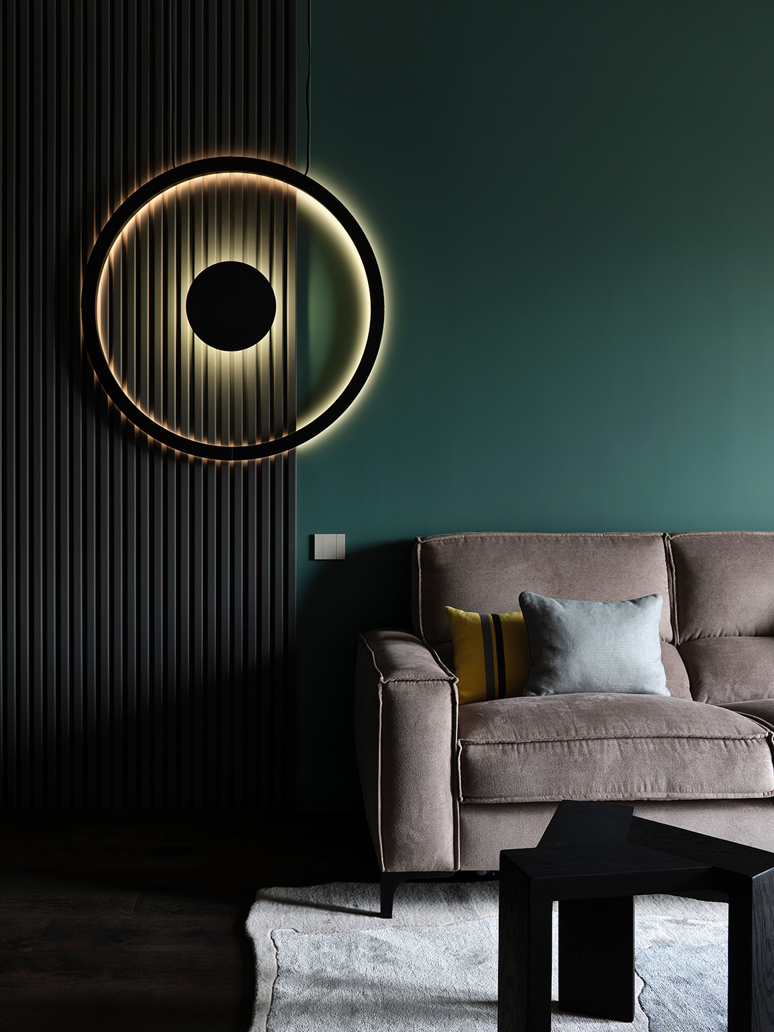 salon murs noirs et vert décoration contemporaine