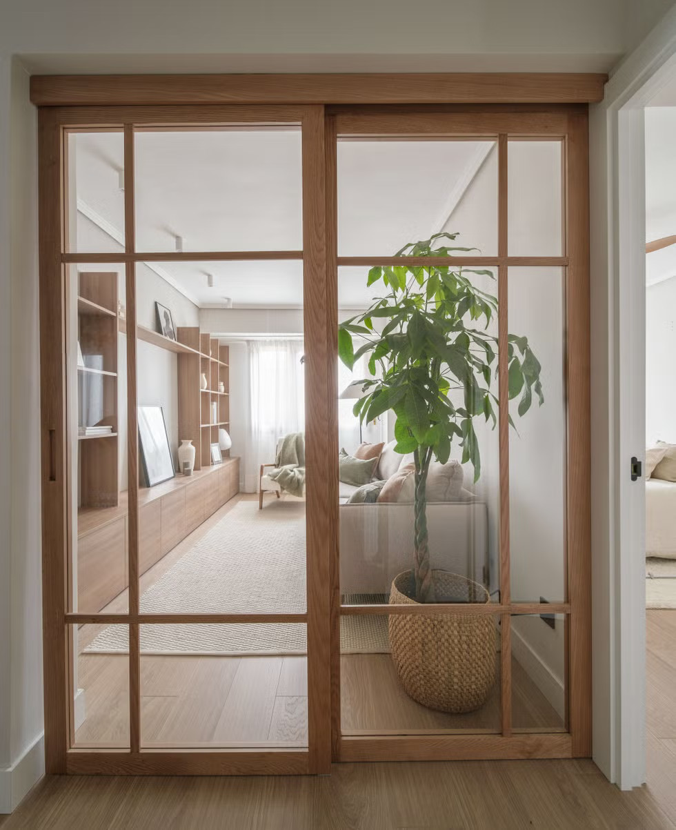 salon décoration contemporaine naturelle deux-pièces 50m2 avec porte verrière