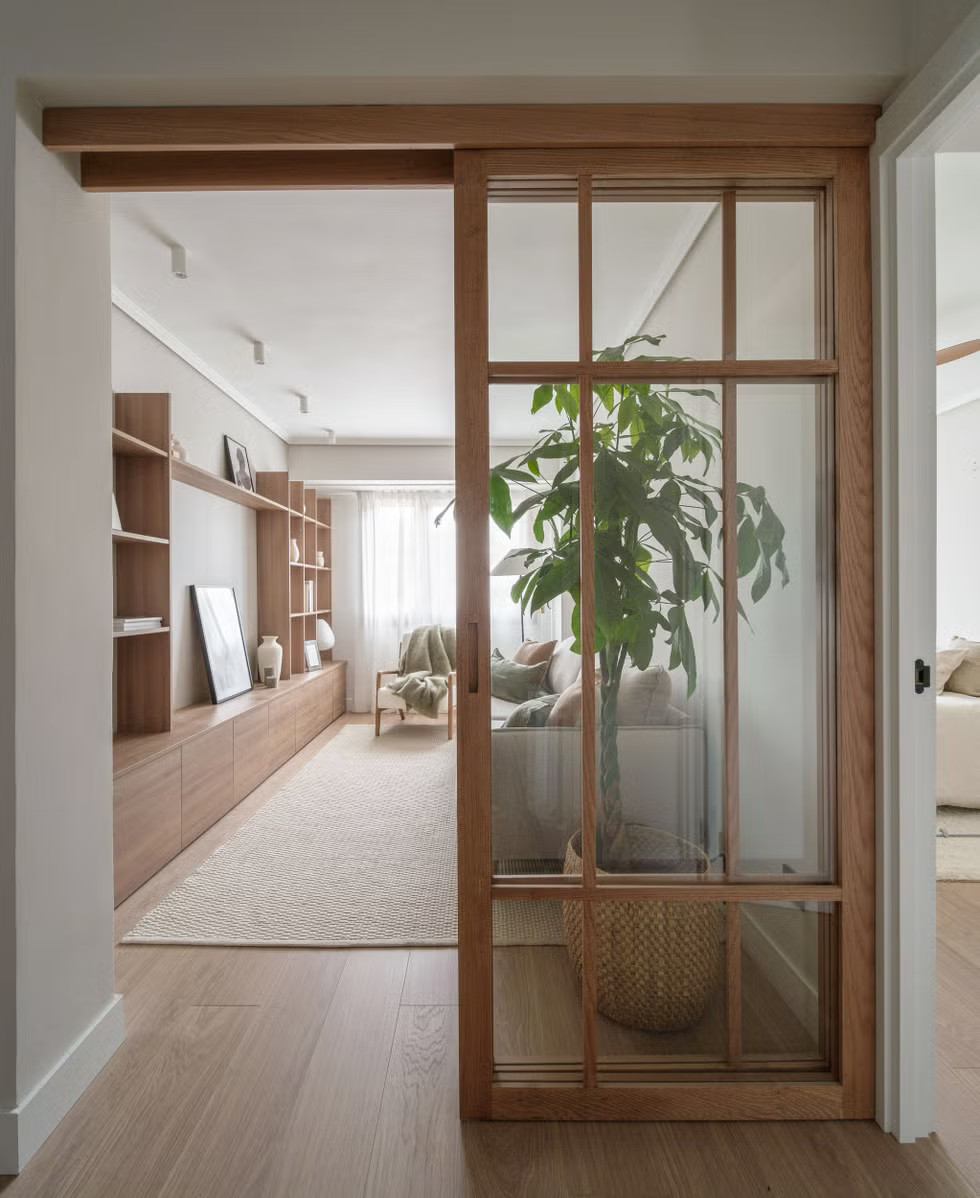 salon décoration contemporaine naturelle deux-pièces 50m2 avec porte verrière