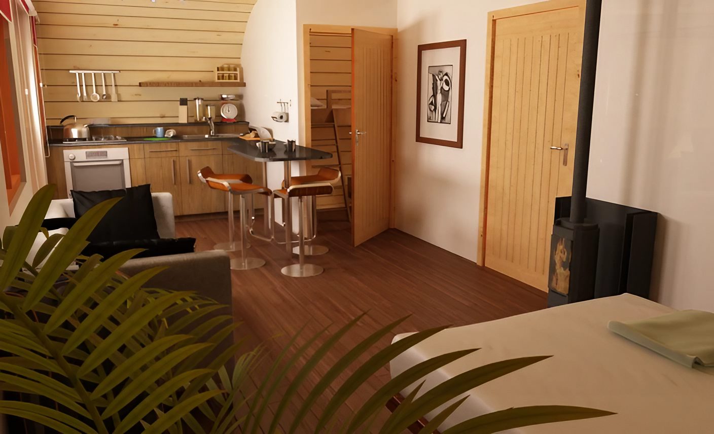 intérieur petite maison 48m2 aux lignes courbes Blue Forest