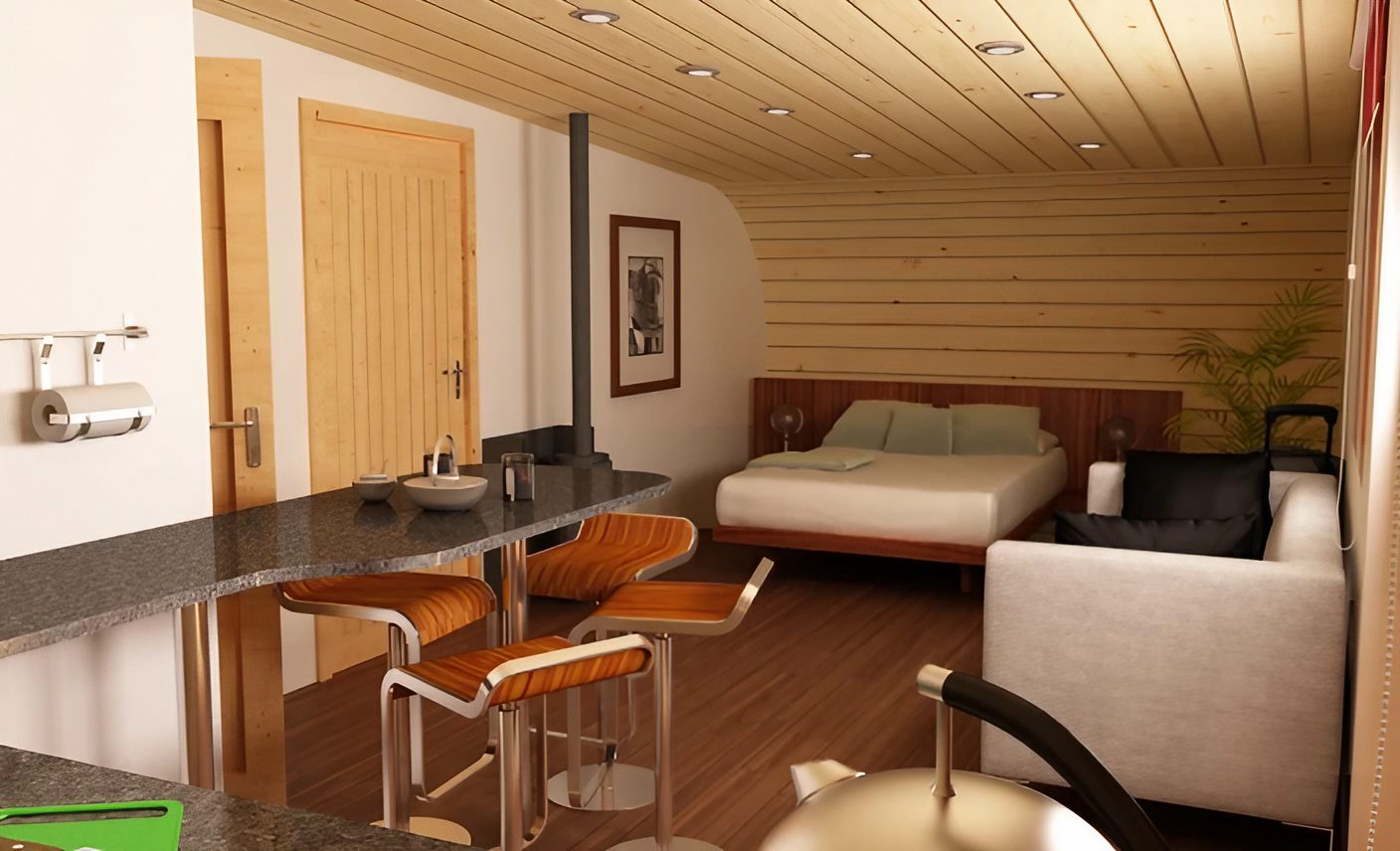 intérieur petite maison 48m2 aux lignes courbes Blue Forest