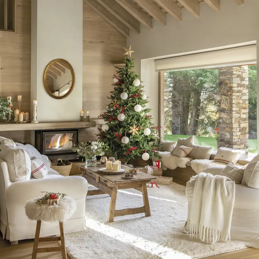 salon maison en bois avec décoration Noël