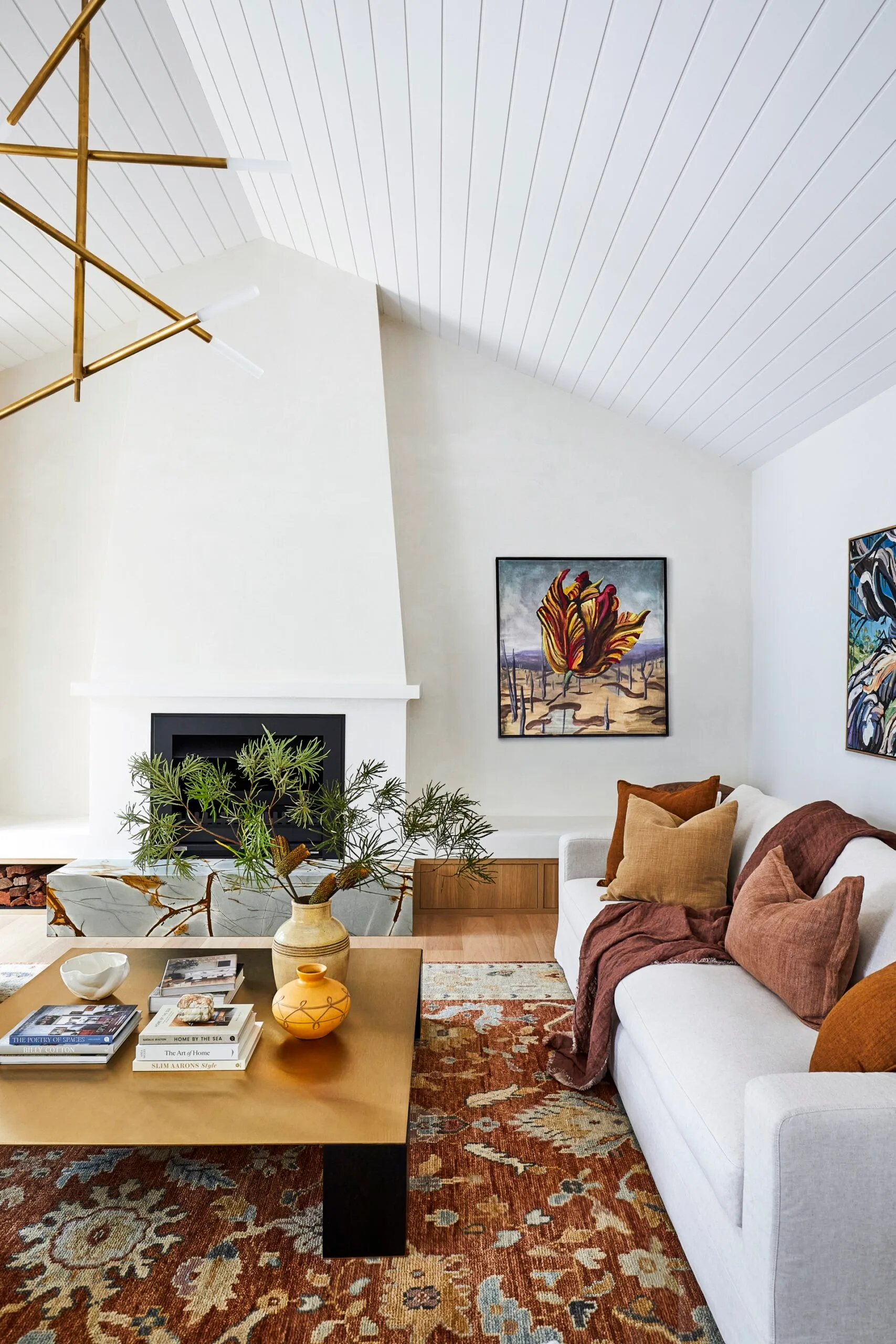 salon double hauteur avec cheminée décoration contemporaine