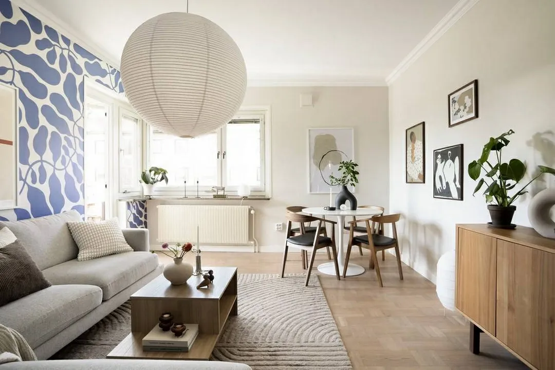 salon mur papier-peint bleu My Secret Garden appartement 65m2