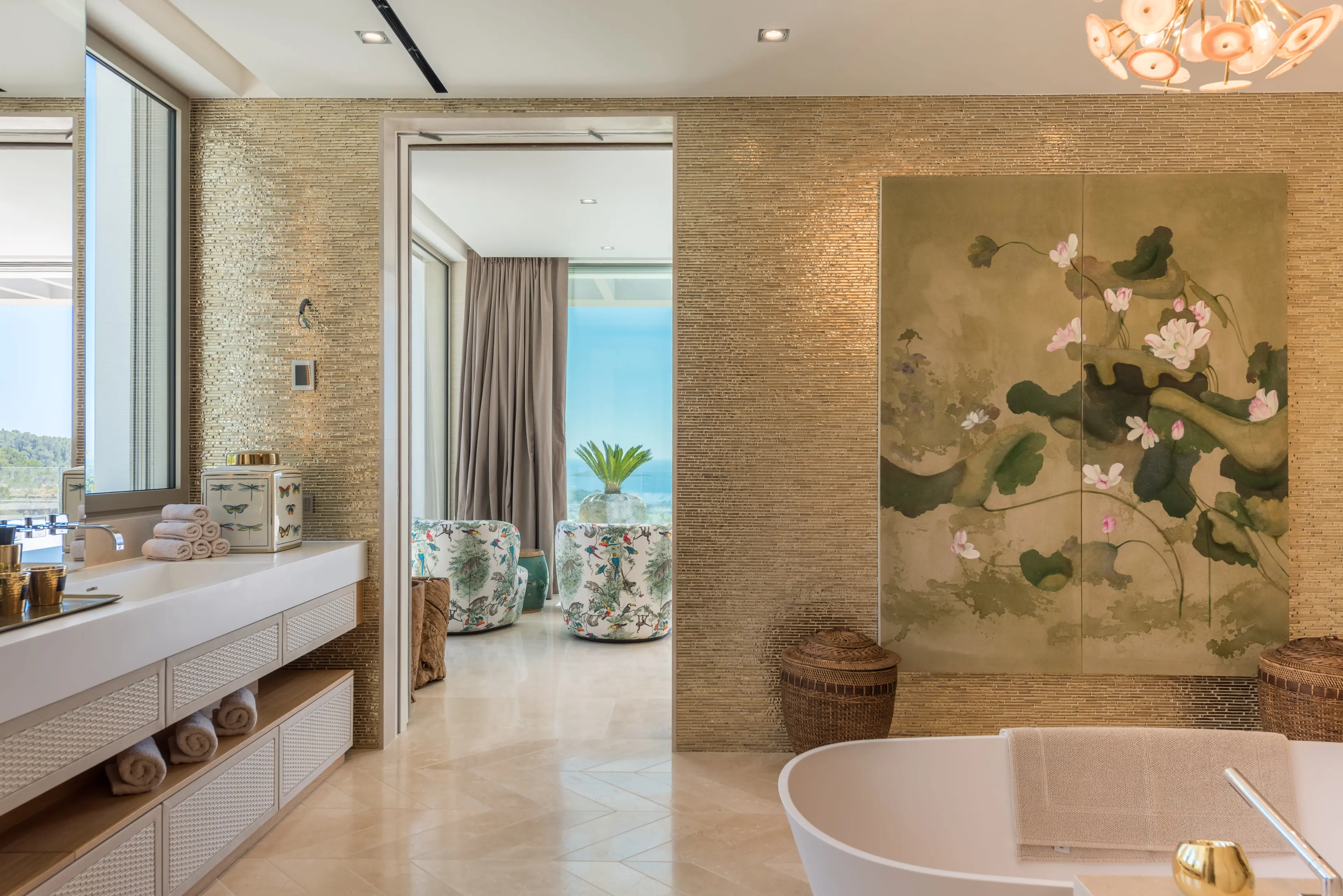 salle de bain privative chambre vue mer décoration moderne maison contemporaine Ibiza