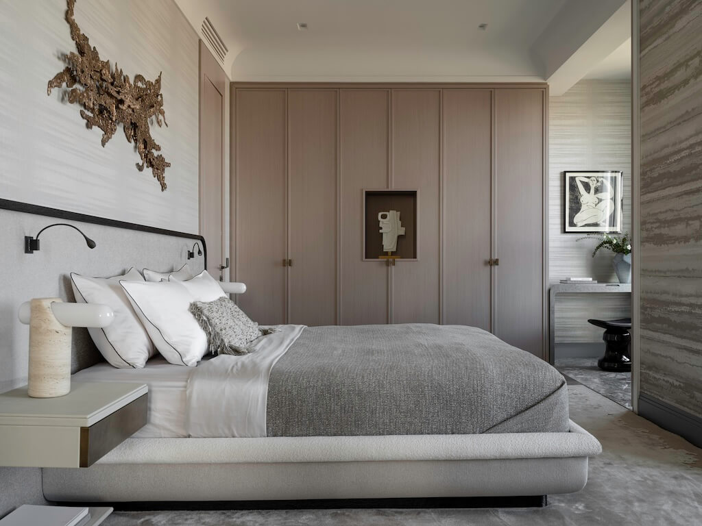 chambre décoration contemporaine beige appartement 145m2