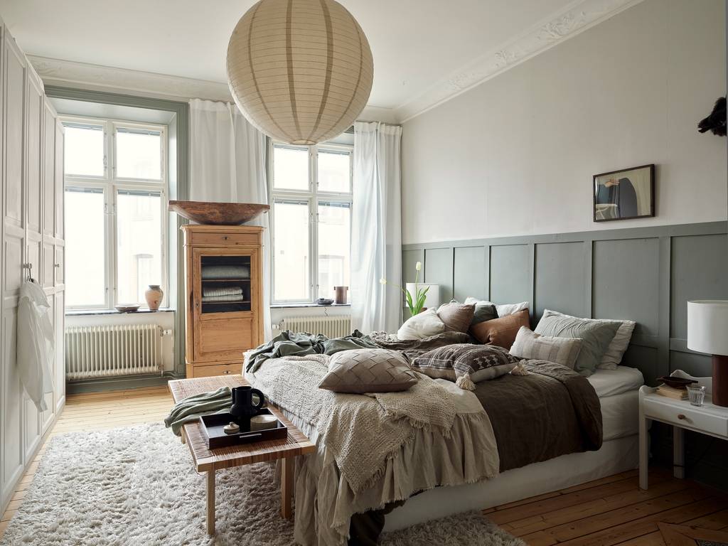 chambre décoration vert sauge appartement 80m2