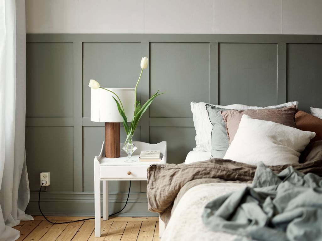 chambre décoration vert sauge appartement 80m2