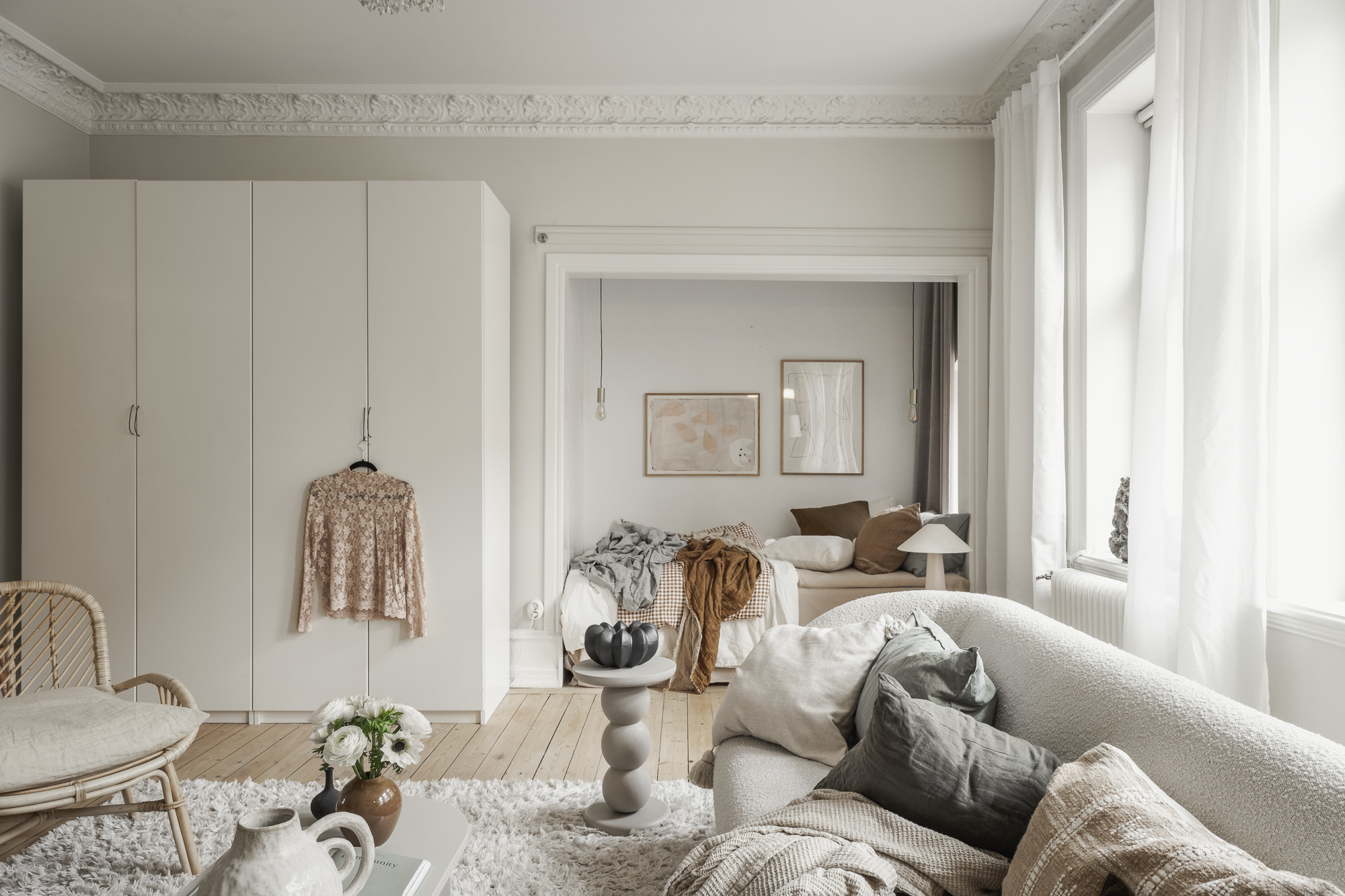 salon avec espace chambre deux-pièces de 51m2 décoration scandinave