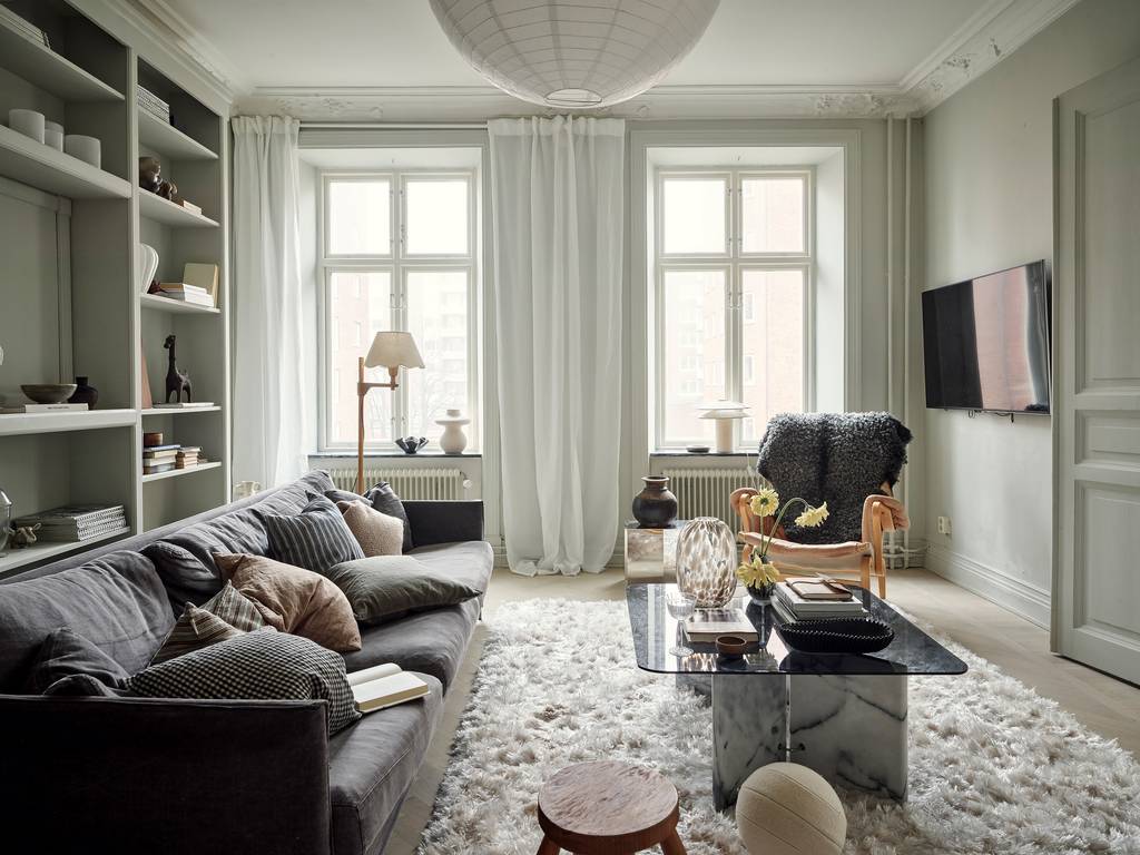 salon avec bibliothèque moulures et rosaces décoration scandinave appartement 80m2